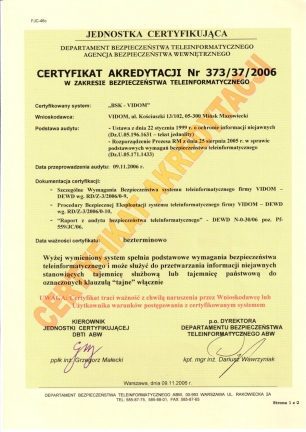 Certyfikat Akredytacj ABW Nr 373/37/2006